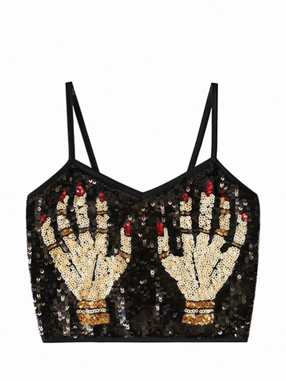 Music festival outfit - Black Sequin Skeleton Hand Cropped Cami